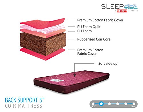 SLEEPSPA Back Support Orthosense-Coir 5' Inch Single Size Coir Mattress |Cocopedic Technology|for Hard Back Sleepers|with 5 Year Warranty (LxW: 78X36)