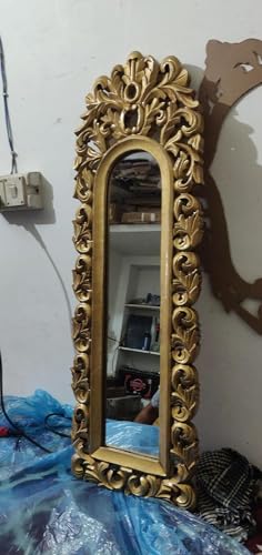 WoodIdea Wall Mount Wood Hand Made Oval Shape Vanity Mirror for Living Room (36X12 Inches, Antique Gold) with Glass