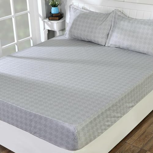 Maple&Finch Microfiber Printed King Bed Elastic Fitted Bedsheet 78x72 Inches with 2 Pillow Cover, Grey Geometric Triangle (AR-4936-D3)