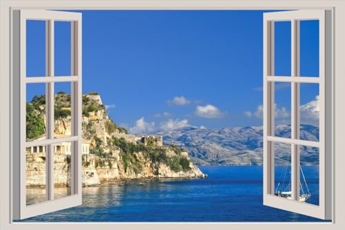 JVERF - JZZA22468 Greece Coast Sea| Self-Adhesive Open Window Wall Sticker