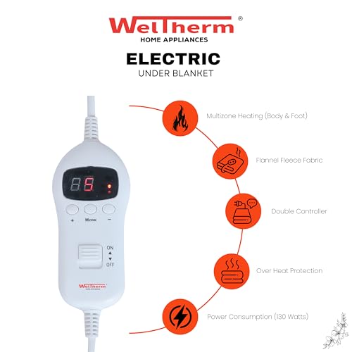 WELTHERM Flannel Fleece Electric Bed Warmer | Electric Under Blanket | Double Bed(160 x 150cms) | 9 Heat Settings | 2-10 Hour Timer | Digital LED Controller | Multizone Heat Settings | UB-FFD