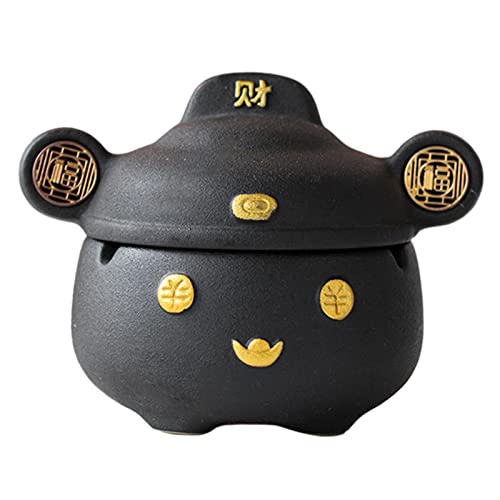 MYADDICTION Chinese God of Wealth Ashtray with Lid Feng Shui for Home Indoor Gift Black