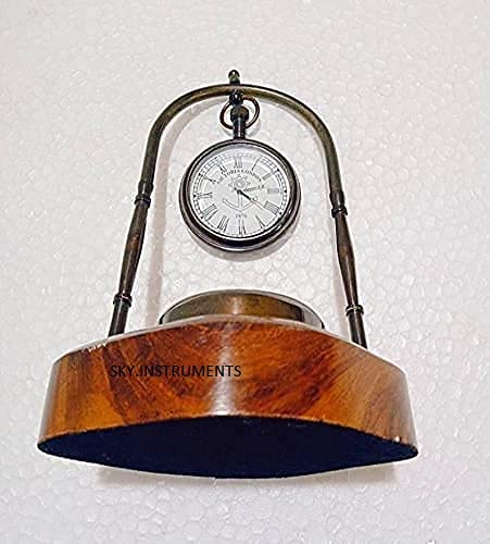 Sky Instrument Antique Brass Hanging Clock with Compass and with Wooden Base. can be Used as Office use, Weight Papers , desks/ Tables , Decorative Items and for Gift