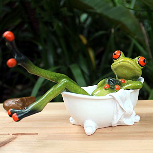 Dorlotou Frog Cute Funny Green Frog Figurines Lying in The Bathtub Frog Sculpture Statue for Home Desk Bathroom Decoration,6081