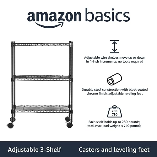 amazon basics Height Adjustable 3-Shelves Heavy Duty Rack with Wheels (Black)