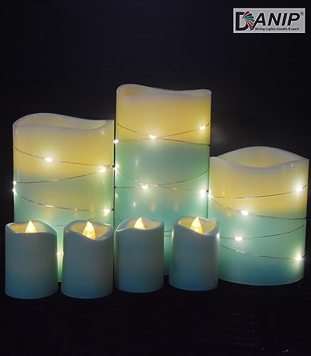 DANIP Green LED flameless Candle with Embedded Star String, 3+4-Piece Set of LED Candles, with 11 Button Remote Control, 24-Hour Timer Function, Flashing Flame, Real Wax, Battery Powered.