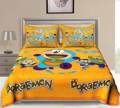 Aarohi Home - Cartoon Print 144 TC Cotton Double Bedsheet with 2 Pillow Covers, Yellow, Kids