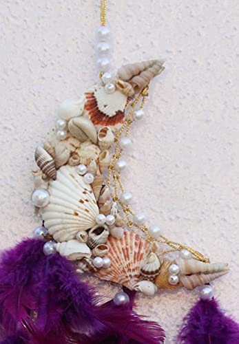 Yuvicreations, Moon Shape, sea Shell Dream Catcher, Fine Quality Feathers. Purplish Brown