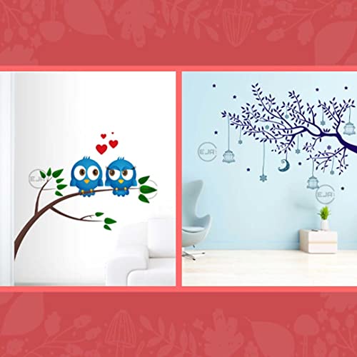 Trendy Set of 2 Wall Stickers Bird in Love Blue Tree Moon Self Adhesive VinylWaterproof Decorative Wall Decals for Home