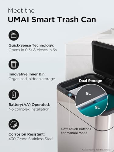 UMAI Stainless Steel Sensor Dual Compartment(9L + 9L) Dustbin with Lid- Smart Dustbin for Kitchen, Bedroom, Bathroom, and Office-2 removable bucket for trash and recyclables- Easy to Clean, and Use