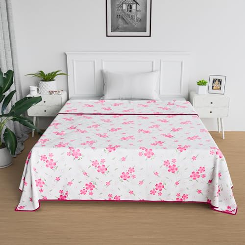 Fun Homes Blanket | Comforter Single Bed | Reversible AC Comforter | Cotton Single Dohar | Lightweight Dohar for Summer | All-Season Bed Blanket | Pink Circle Flower-Design | White