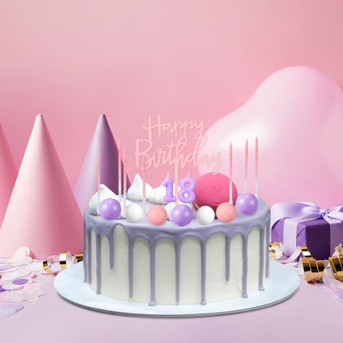 Yerliker 34 Pcs Birthday Candles Cake Toppers for Men Women with 12 Long Thin Birthday Cake Candle 10 Numeral Birthday Candle 9 Ball Cake Topper 3 Birthday Cake Topper(Purple Pink)