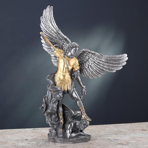 Veronese Design 14 5/8 Inch Saint Michael Tramples Demon Resin Sculpture Cold Cast Pewter Finish Statue