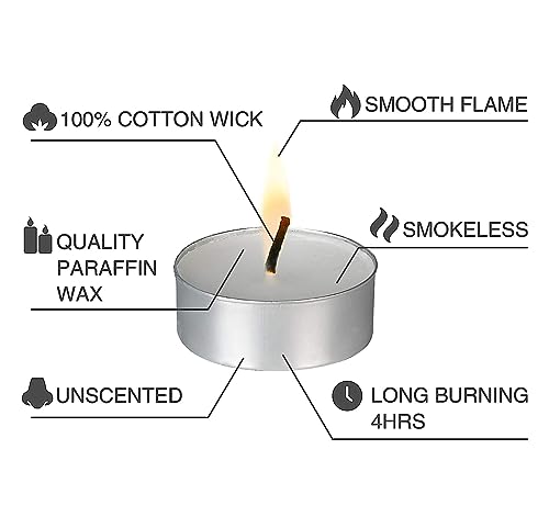 ADD GEAR Tealight Candles – 2.5 Hour Burn Time - White Paraffin Wax - Smokeless Dripless Votive Candles (Round) (Pack of 100)