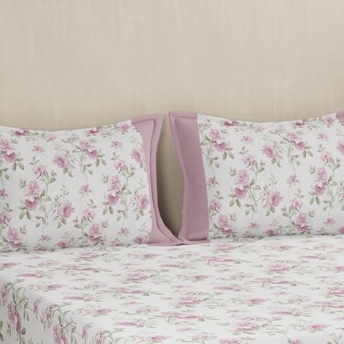 maspar Eclectic Garden Rosendale Cotton Printed Pink Double Bed Sheet with Pillow Case