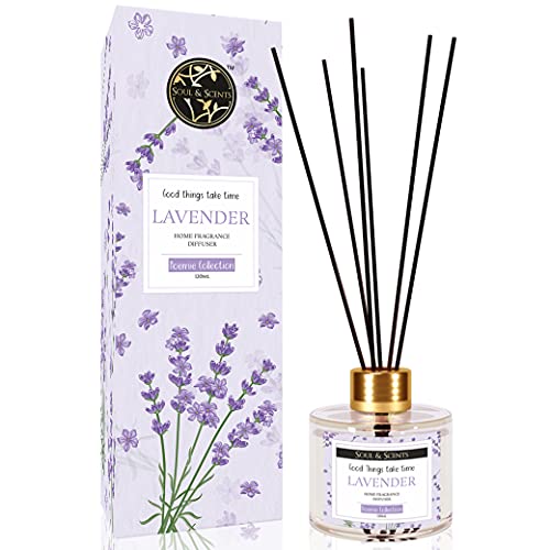 Soul & Scents Glass Lavender Reed Diffuser Set with 6 Fiber Reed Sticks|Toxin Free & Stress Relief|Fine-Living Natural Fragrance|Long Lasting|Smoke Less Room Freshener for Home, Bedroom|120ml