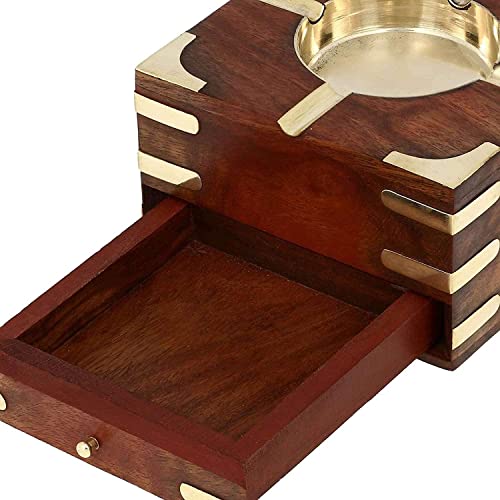 WOODSPIRATION-Large Decorative Wooden Ashtray with Cigarette Storage Case Box 4.5" x 2.5