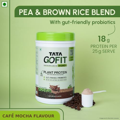 Tata GoFit Plant Protein Powder, Pea & Brown Rice Blend, 18g Protein, Café Mocha Flavour, 1kg (40 Serves), No Soy, No Lactose, No Added Sugar, Vegan