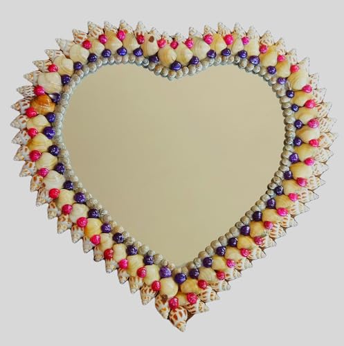 ZENRISE Decorative designer seashell handicraft heart shape framed wall mirror, 33 cm