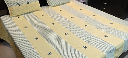 Riti Riwaaz Cotton Lining Double Bed Sheet with Two Pillow Covers, Handloom Cotton Bedsheets | All Season Comfort | Handmade Bedsheet 100 X 105 Inches King Size, 210 TC (Yellow Blue Flower Jaal)