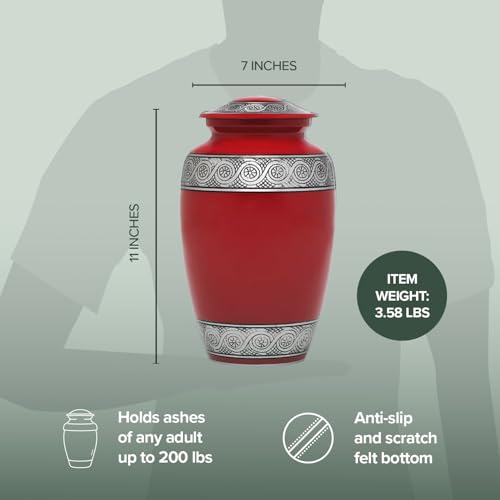 Eternal Harmony Cremation Urn for Ashes, Adult Male & Female Large Urn for Human Ashes with Elegant Finishes, Secure Seal & Velvet Bag, Funeral Urn for Men & Women Up to 200 lbs, 7 x 11 in (Red)