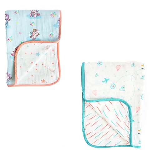 Yellow Doodle Unicorn Dreams + Lil Travellers Reversible Muslin Blanket - Adorable Combo for Unisex Baby Ages 0-4 Years