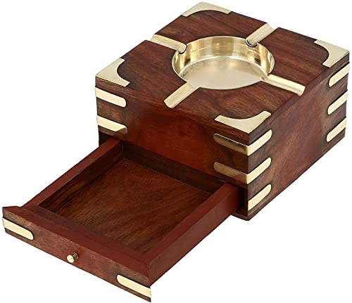 WOODSPIRATION-Large Decorative Wooden Ashtray with Cigarette Storage Case Box 4.5" x 2.5