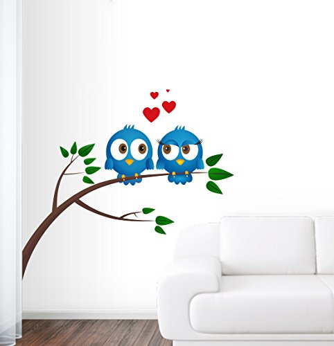 Trendy Set of 2 Wall Stickers Bird in Love Blue Tree Moon Self Adhesive VinylWaterproof Decorative Wall Decals for Home