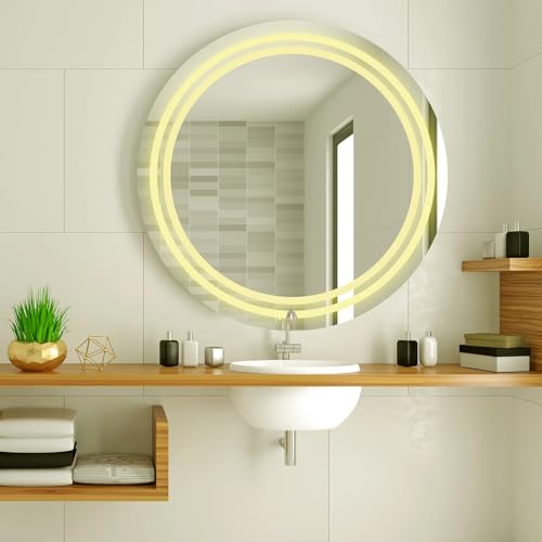 TINITALO Bathroom LED Mirror Home Mirror Wall Mirror with Touch Sensor, 3 Light Effects, Glass, Round LED-66 (36 x 36 Inch)