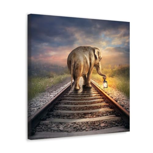 GADGETS WRAP Canvas Gallery Wrap Framed for Home Office Studio Living Room Decoration (17x17inch) - Elephant On Rail Track