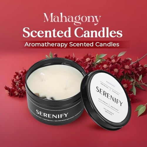 SERENIFY Scented Candles |Aromatherapy Candles | 200 gm Each Soy Wax Eco-Friendly | 24 hrs Burn Time | Home Decor | Tin Container Pack of 2 (Mogra and Mahagony)