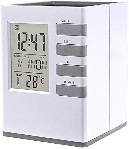 TGB Pen Holder LED Digital LCD Alarm Clock with Calendar Thermometer Desk Supplies Organisers (Grey) (Pack of 1)