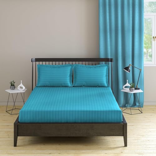 Roman Cotton Satin Stripes Elastic Fitted Plain Double Bedsheet King Size with Two Pillow Covers for Home/Hotels/Guest House - Size 72"x78"x6" (Aqua)