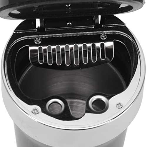 Mini Car Ashtray, Easy to Clean LED Light Clock Stainless Steel Inside Car Ashtray for Outdoor (Black Silver)