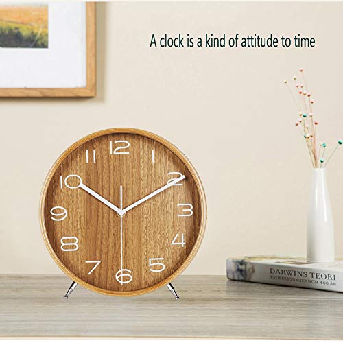 KAMEISHI 8 Inch Wood Desk Clocks Battery Operated for Living Room Bedroom Bedside Kitchen Round Decor Table Clock Silent Non Ticking Quiet Sweep Second Hand Quartz Large Numerals KSZ821 Walnut