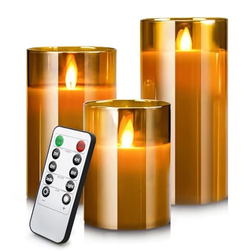 The Decor Affair Set of 3 Genuine Wax Battery-Operated Flameless Candles with Remote Timer, Alluring Dancing Faux Wick, Elegant Home Décor Lighting Solution