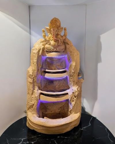 SEPBORN 3 Step Ganesha Water Fountain, Resin, Decoration Gifting Item with LED Lights Water Pump