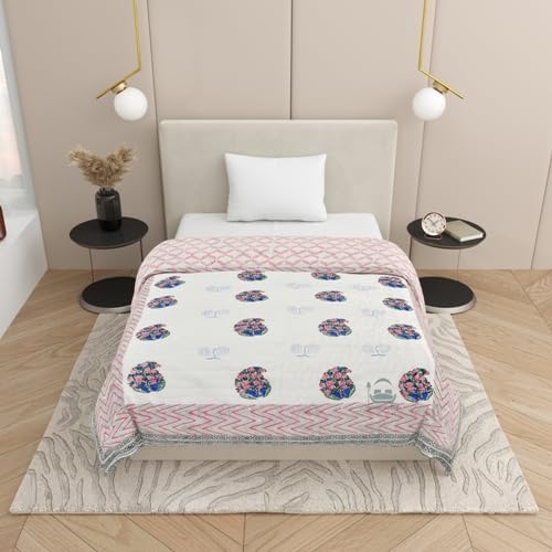 AARMOZY Cotton Jaipuri Razai Single Bed Hand Block Floral Buta Bail Print Quilt Blanket - Blue/Pink (Single Bed D) (60X90INCHES)