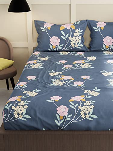 KOPA Extra Smooth Micro Double Bedsheet with 2 Pillow Covers -3pc Set (la-Vogue) | Extra Smooth Cotton Feel - Glace Cotton | 1 Bedsheet with 2 King Size Pillow Covers Floral-Grey