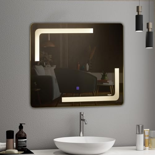 Crystal Indian Rectangular Shape LED Mirror Illuminate Your Beauty with Touch Sensor, Wall-Mounted for Bathroom, Bedroom Energy-Efficient Dimmable Lighting & Crystal Clear Reflection (24X24)