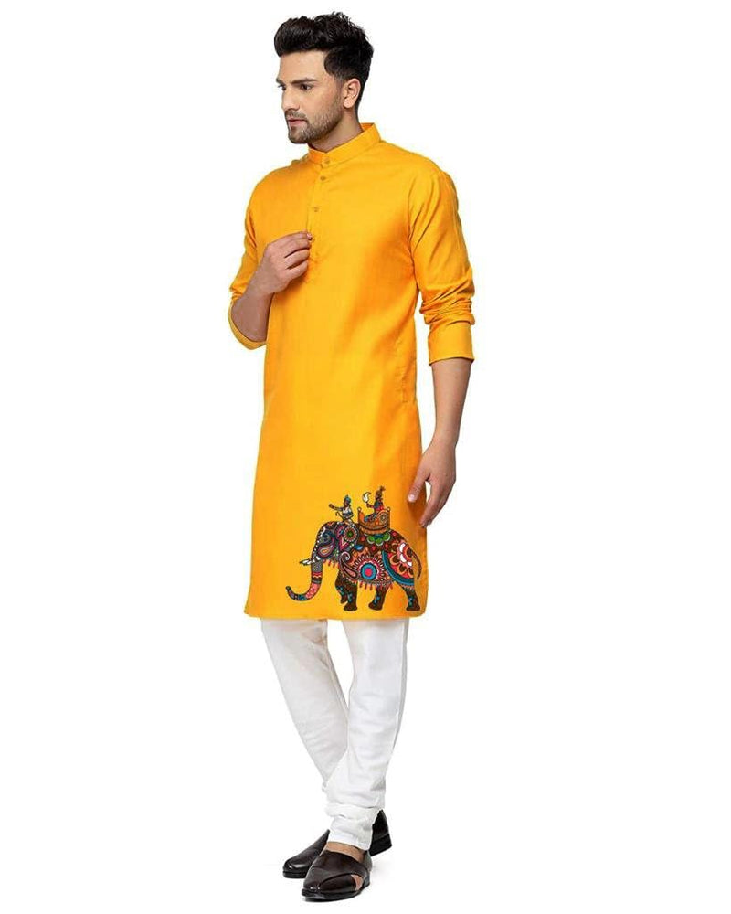 Enmozz Cotton Blend Men's Digital Printed Straight Kurta For Festival, Small, Yellow