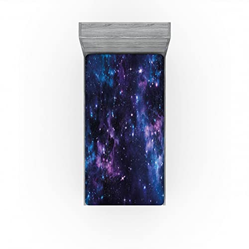 Ambesonne Space Fitted Sheet Set, Sky Star Clusters Cosmos Nebula Celestial Scenery Art, Bed Cover with All-Round Elastic Deep Pocket 2 Pcs, Twin Size, Dark Purple and Blue