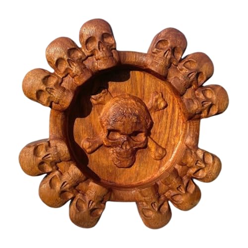 Handcrafted Premium Wooden Skull Ashtray, 18 x 18 cm, Gothic Design with 13 Carved Skulls, 4 Holders