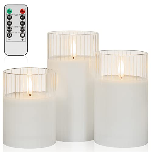 ANGELLOONG Clear Glass Flickering Flameless Candles Battery Operated with Remote Control, LED Pillar Candles with Timer, Romantic Candles for Bathroom Home Decor, Set of 3