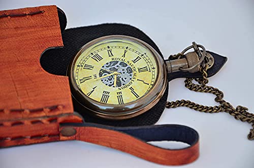 Handmade Roman Dial Antique Brass Clock with Chain and A Brown Leather Case