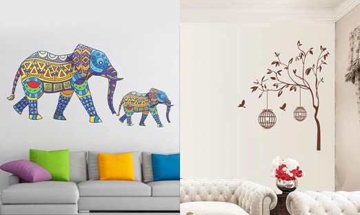 Trendy Set of 2 Wall Stickers Elephant Old Free Bird case Brown Self Adhesive VinylWaterproof Decorative Wall Decals for Home