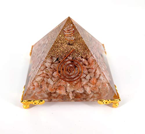 White Whale Sunstone Orgone Pyramid Energy Generator Reiki Healing Crystal Chakra with Gold Stand Feng Shui Pyramid