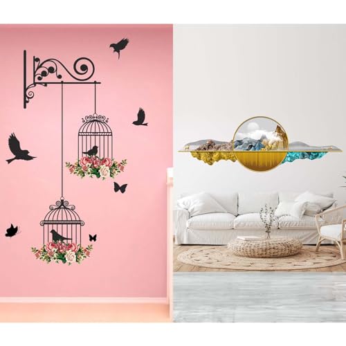 MERICAL Set of 2 Wall Stickers Branches and Cages | 3D Deer with Mountain for Home, Hall, Bedroom, Livingroom & Kitchen