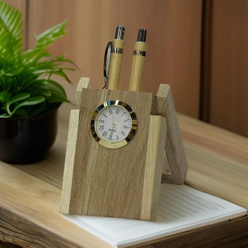 Salvus APP SOLUTIONS Wooden Dual Pen Holder with 2 Wooden-Pens and Table Clock For Home, Office & Gift Showpiece (6.5x17 cm)