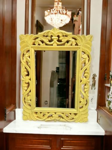 Taksha Decors Carved Wooden Frame Mirror | Intricate Wooden Carving | Yellow | 12 inches